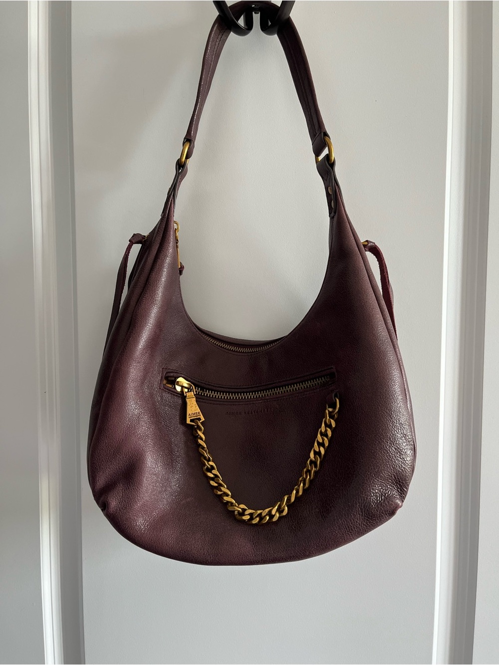NWOT Aimee Kestenberg Dark Burgundy Leather Hobo Bag with Gold Chain Accent